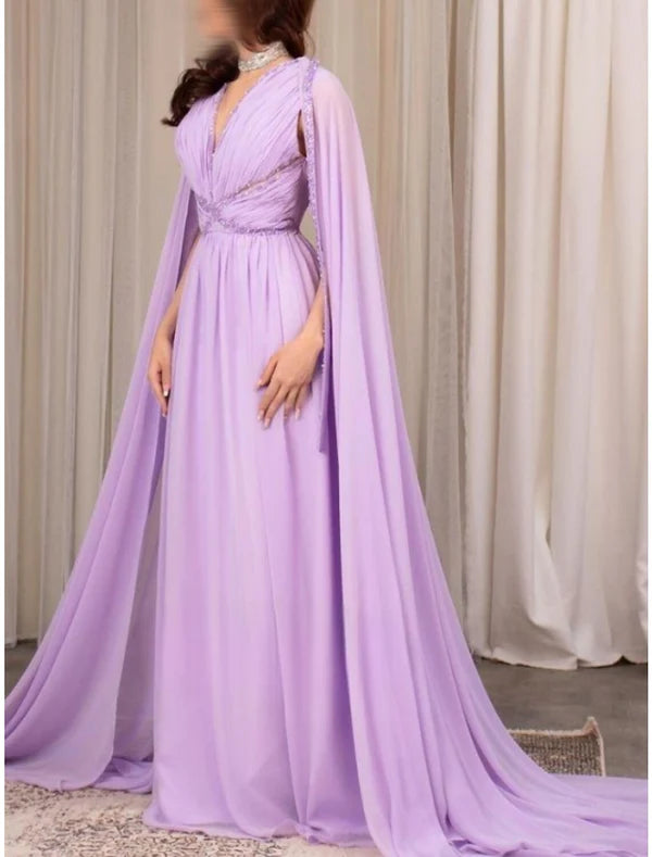 Luolandi A-Line Evening Gown Elegant Dress Formal Fall Court Train Long Sleeve V Neck Chiffon with Pleats Sequin Floor Length